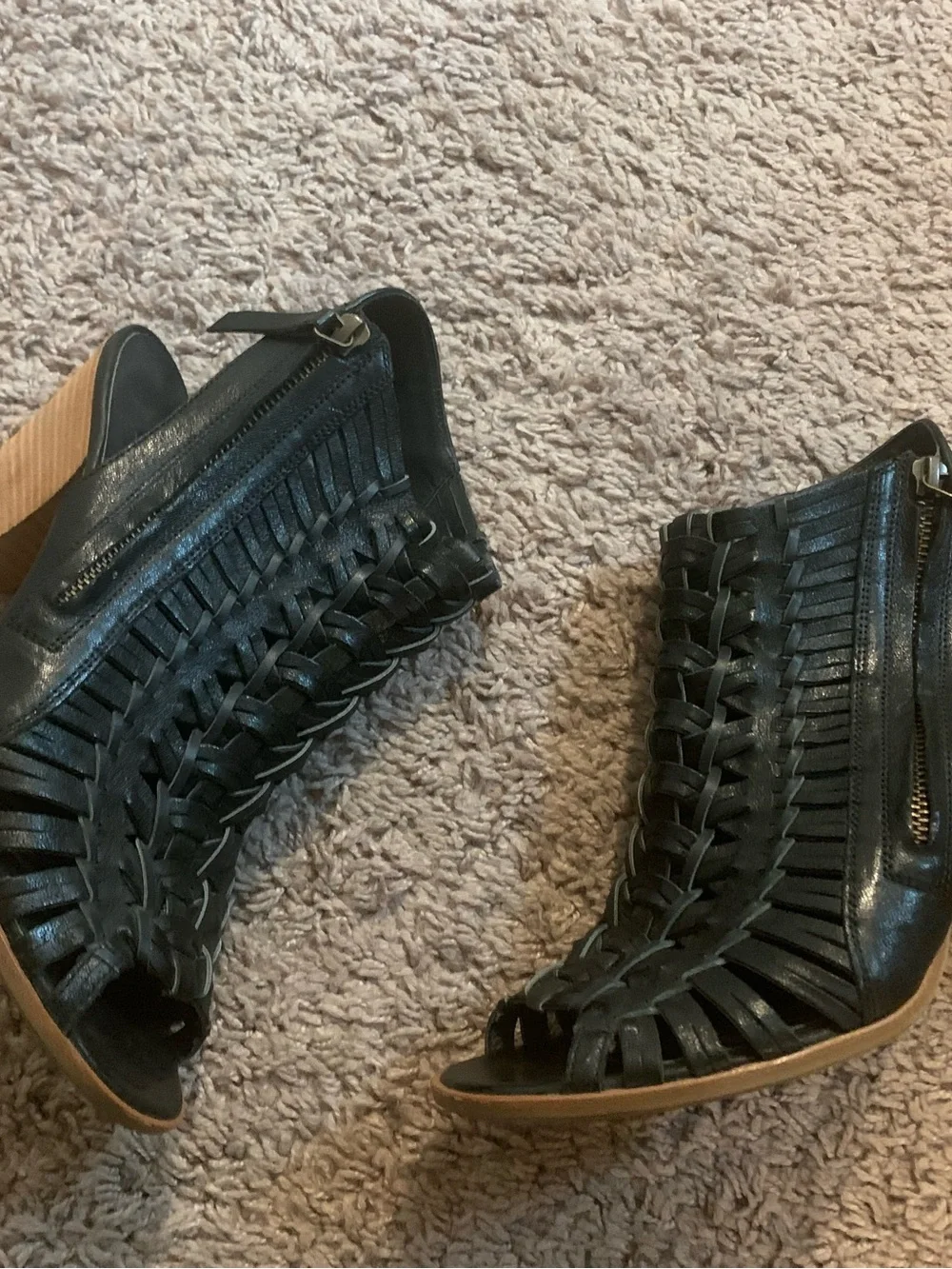 Paul Green Miranda Peep Toe Woven Ankle Boots Bootie Leather Black